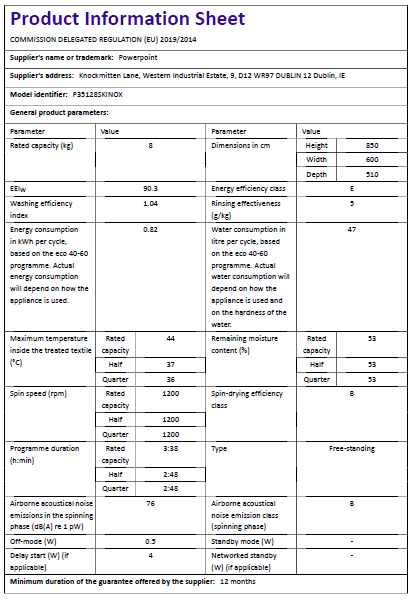 P35128SKINOX Powerpoint 8kg 1200 RPM A+++ Washing Machine - Image 5