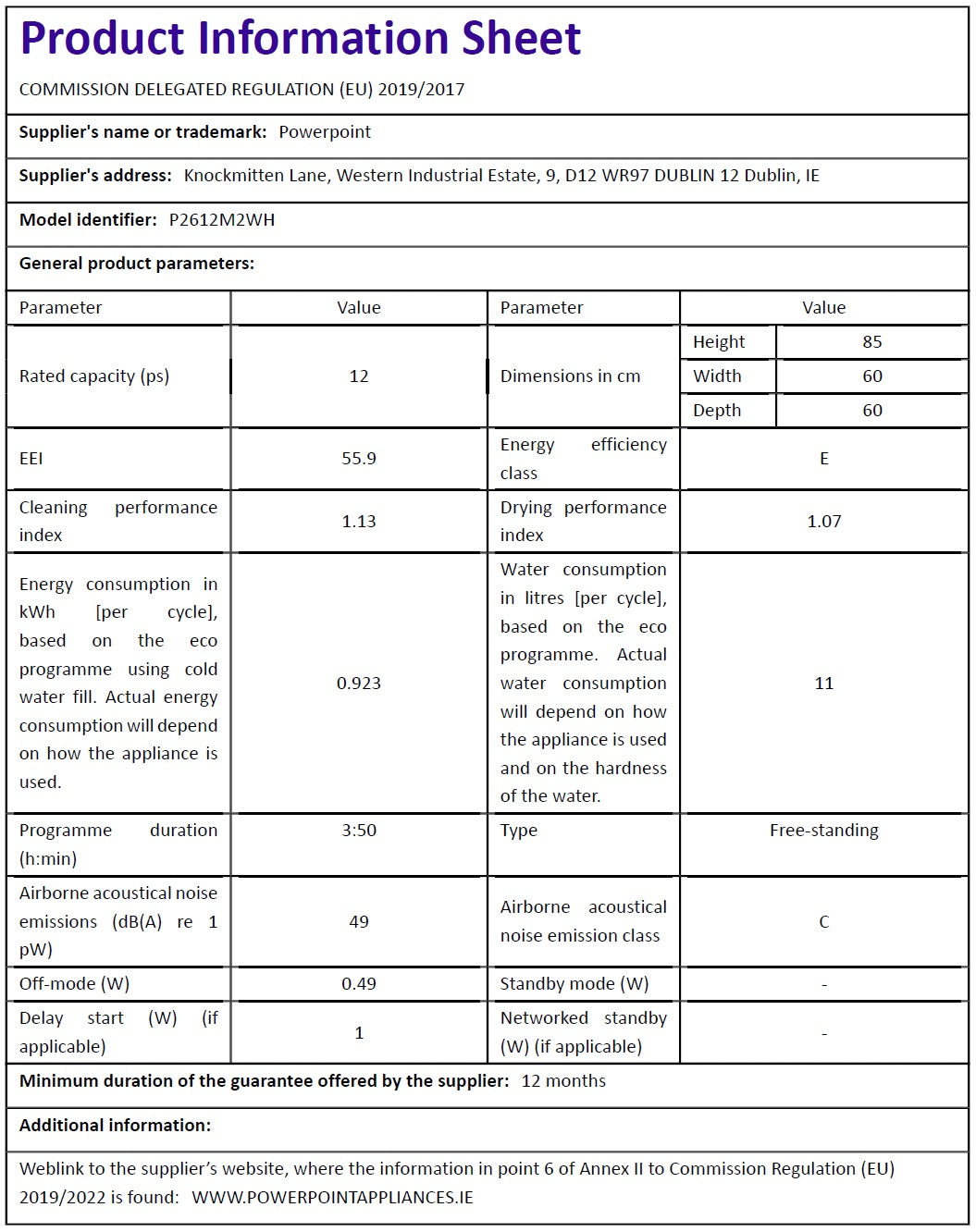 P2612M2WH PowerPoint 60cm 12 Place Dishwasher White - Image 3