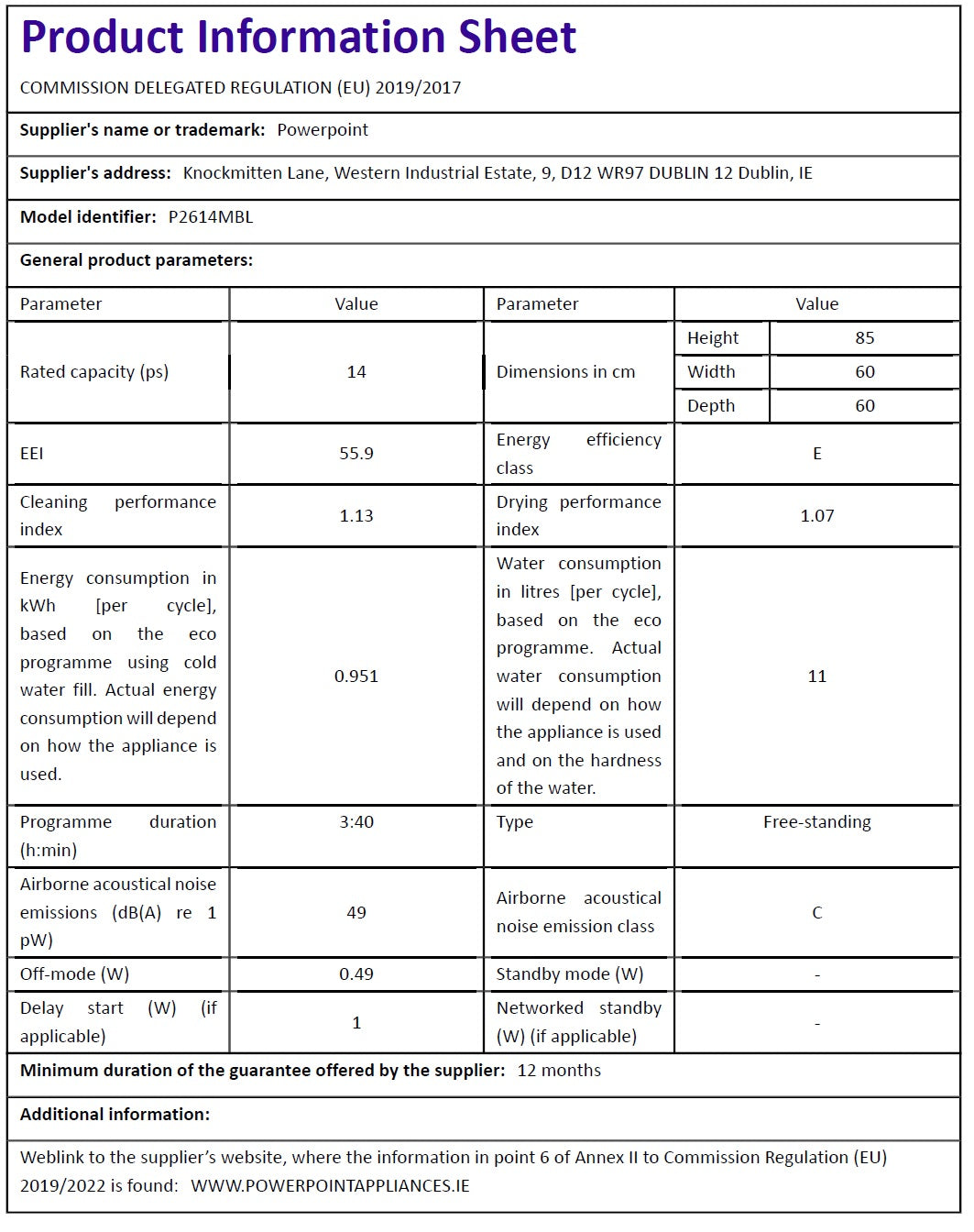 P2614MBL PowerPoint 60cm 14 Place Dishwasher Black - Image 7
