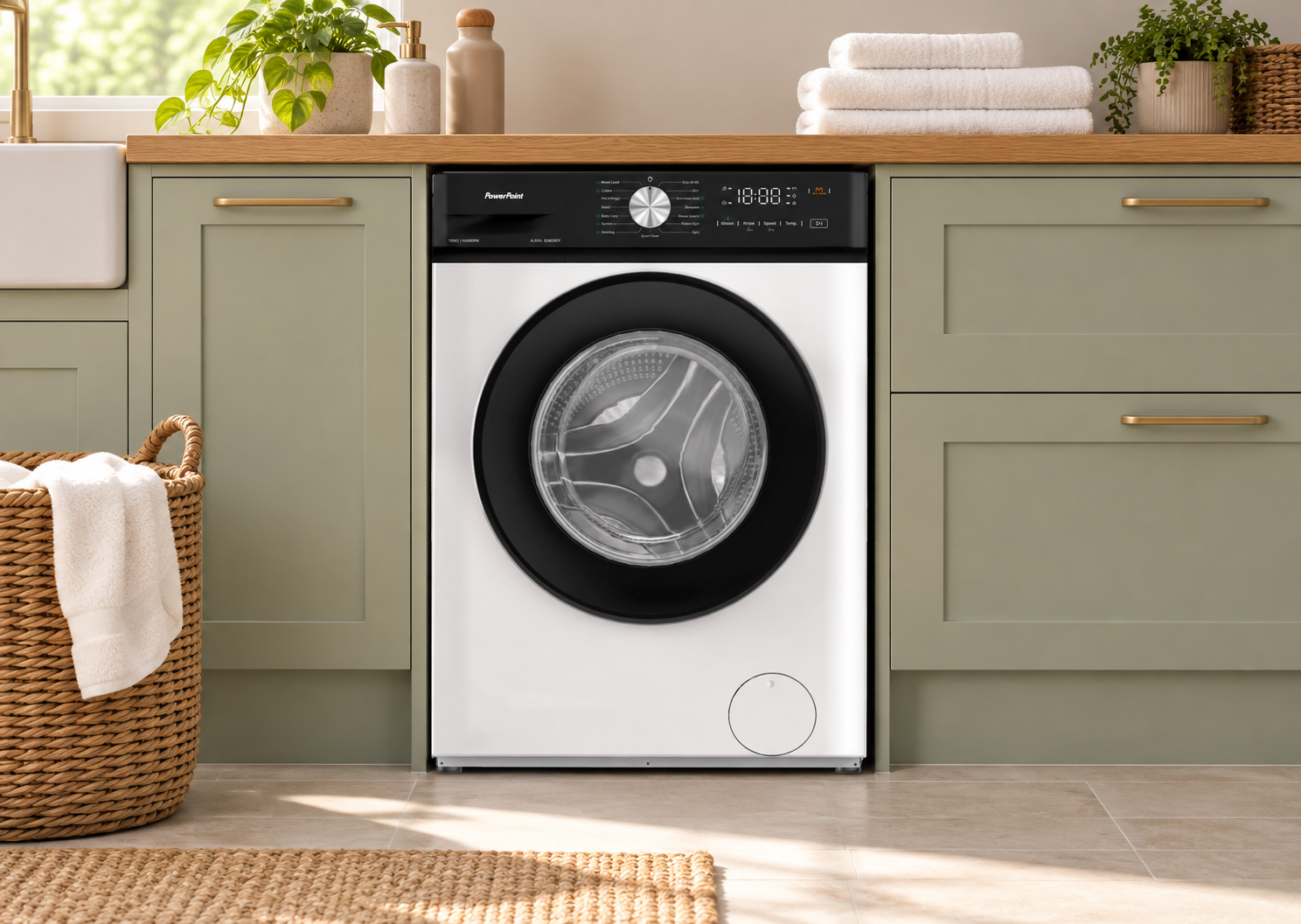 PowerPoint 10kg washing machine in a sage green utility room
